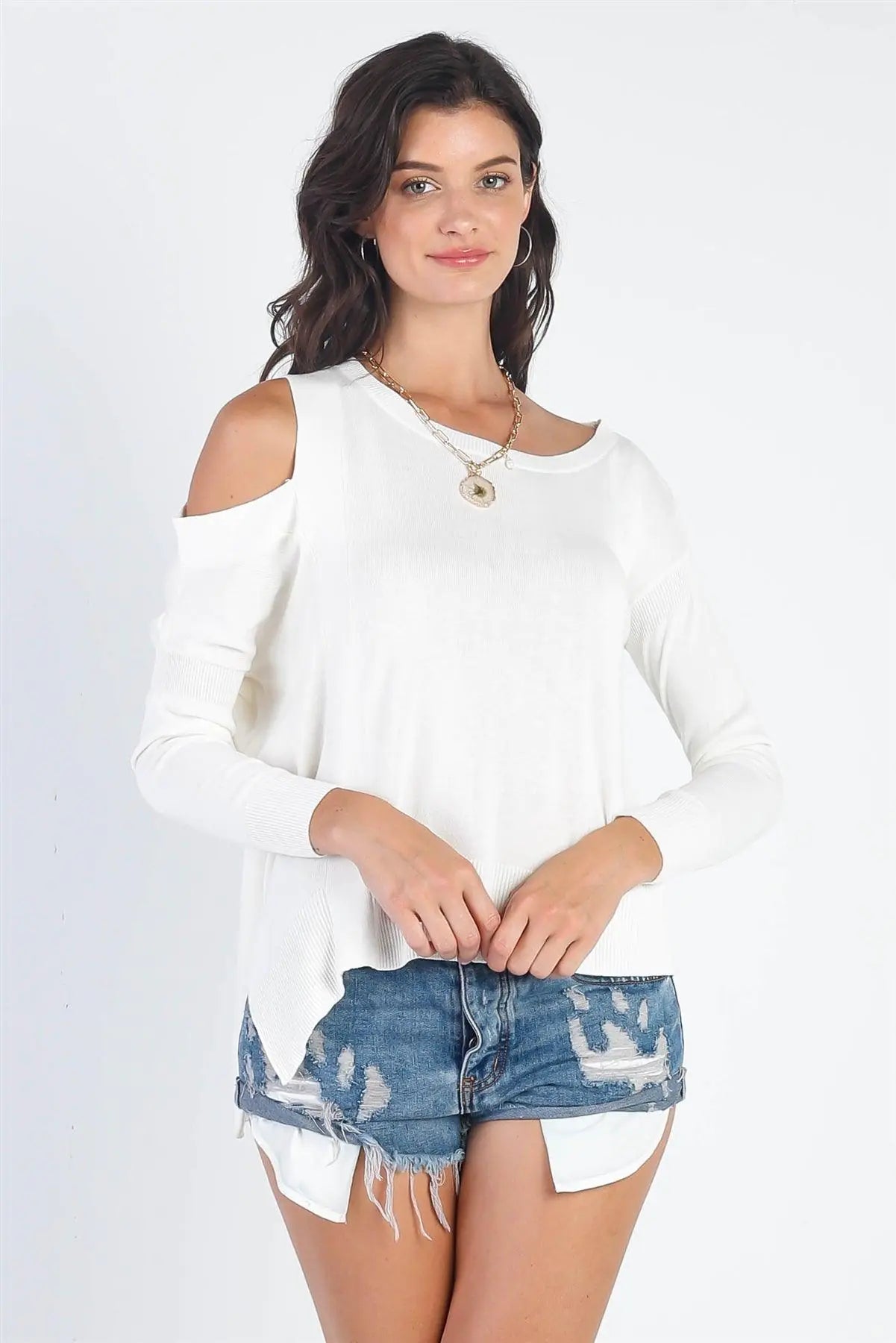 Basic Cold Shoulder Long Sleeve Soft Knit Top - My Store