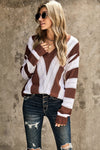 Fashion Brown Striped Colorblock V Neck Knitted Sweater - My Store