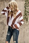 Fashion Brown Striped Colorblock V Neck Knitted Sweater - My Store