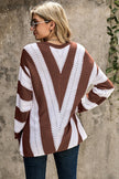 Fashion Brown Striped Colorblock V Neck Knitted Sweater - My Store