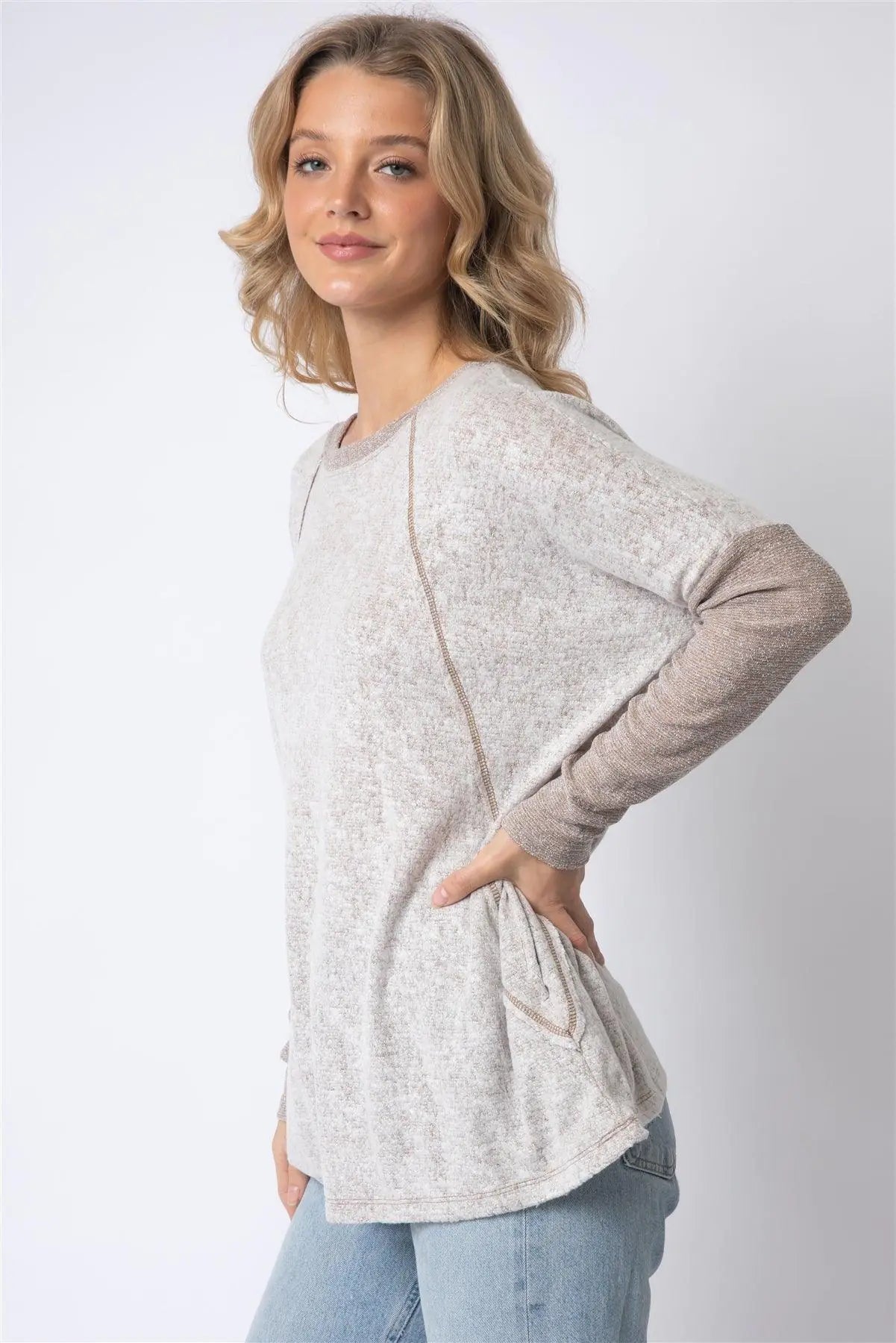 Taupe Long Sleeve Round Neck Two Pocket Side Top - My Store