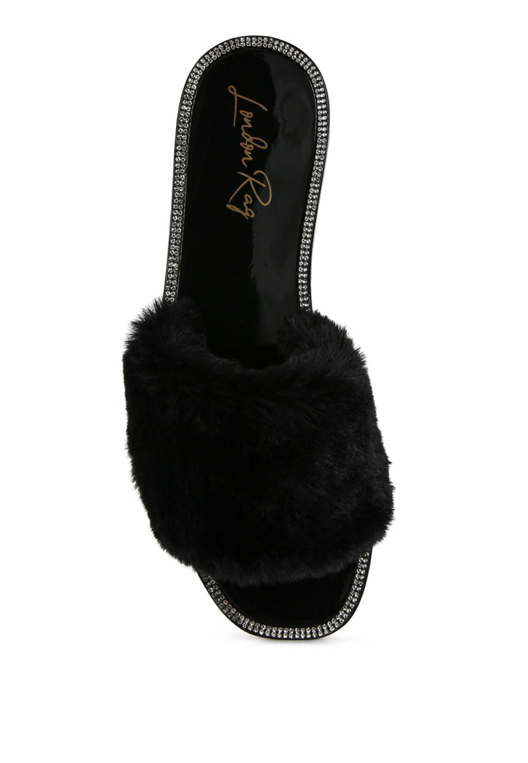 Geese Faux Fur Diamante Detail Jelly Flats - My Store