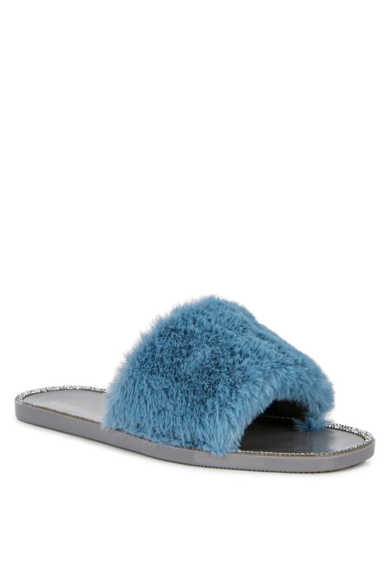 Geese Faux Fur Diamante Detail Jelly Flats - My Store