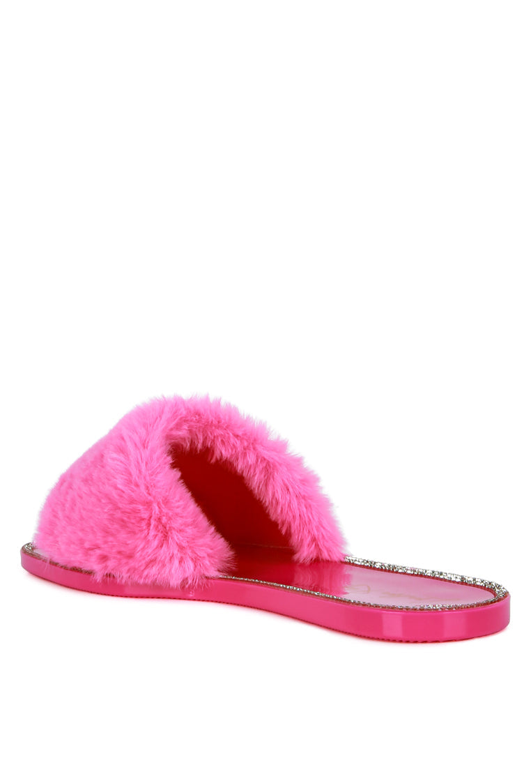 Geese Faux Fur Diamante Detail Jelly Flats - My Store