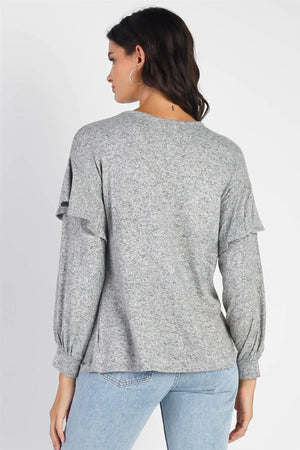 Heather Grey Ruffle Shoulder Detail Long Sleeve Top - My Store