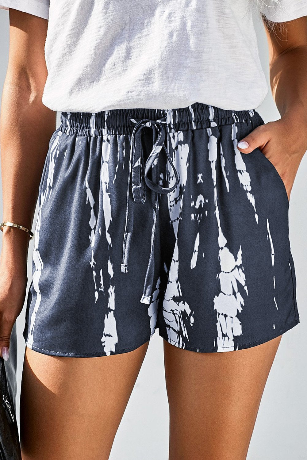 Gray White Tie Dye Drawstring Casual Shorts - My Store