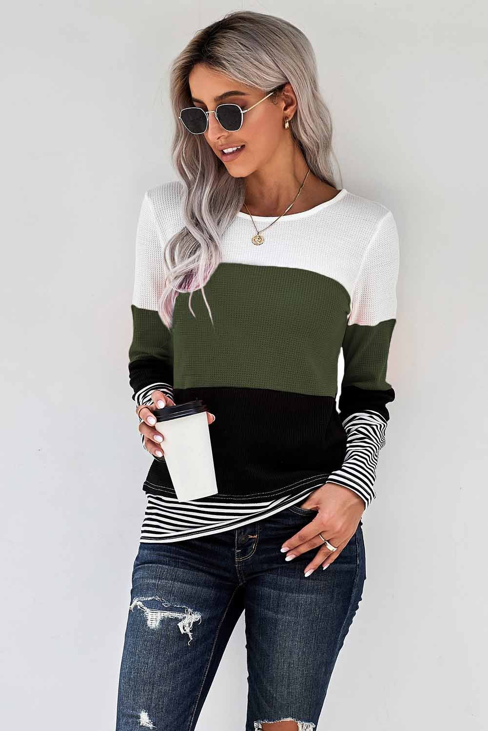 Green Stylish Colorblock Splicing Stripes Long Sleeve Top - My Store