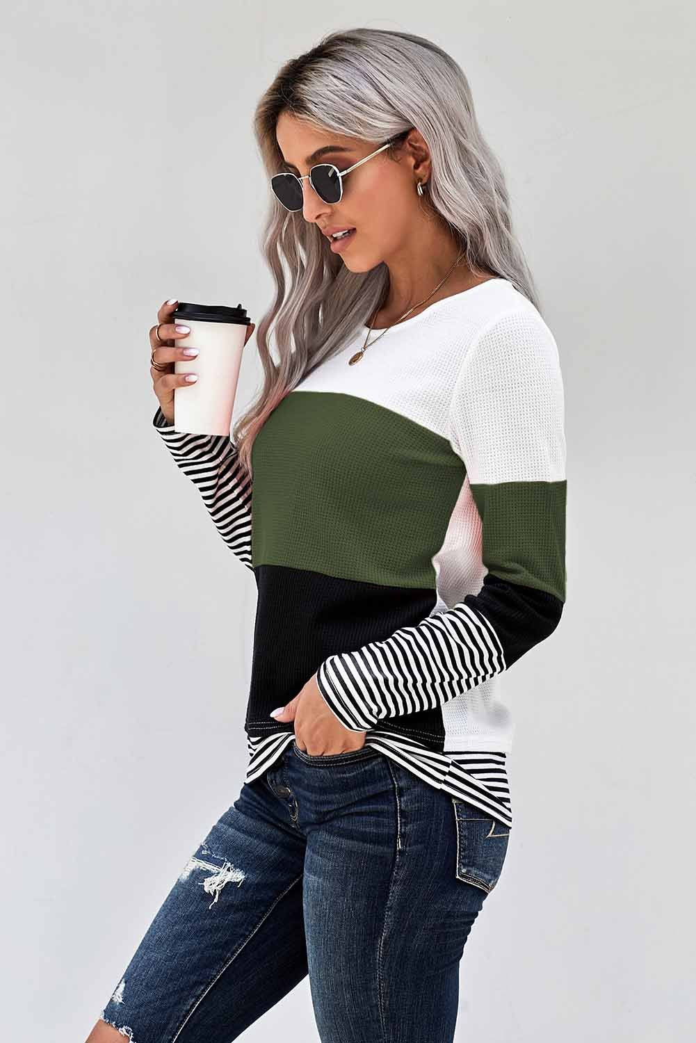 Green Stylish Colorblock Splicing Stripes Long Sleeve Top - My Store