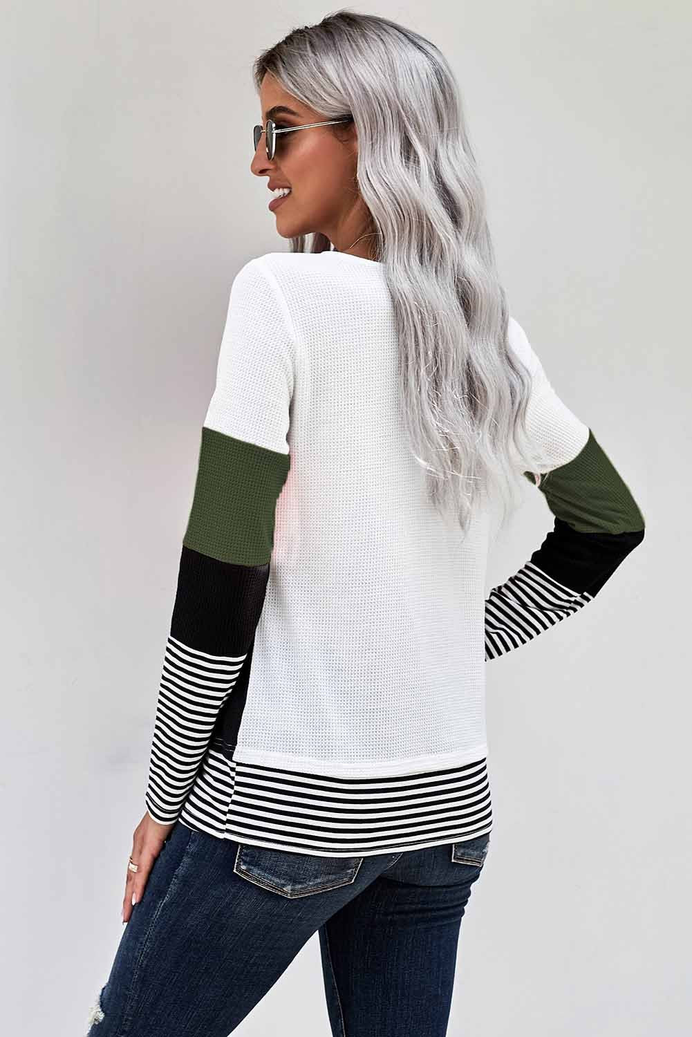 Green Stylish Colorblock Splicing Stripes Long Sleeve Top - My Store