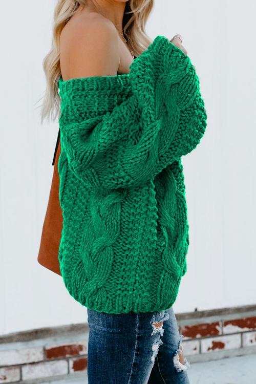 Green Bubblegum V-Neck Loose Braided Knit Sweater - My Store