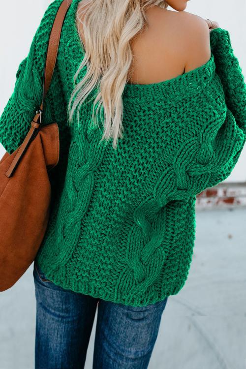 Green Bubblegum V-Neck Loose Braided Knit Sweater - My Store