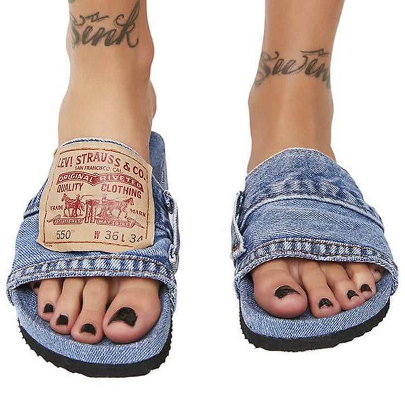 Denim Women's Cool Round Head Flat Slides Blue/Black - My Store