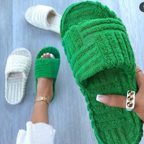 Flat Furry Slippers Women Thick Sole Outdoor Beach Slides - My Store