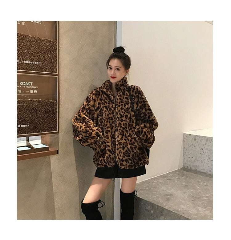 Winter Leopard Print Jacket Women's Stand collar Warm Parkas Outwear - My Store