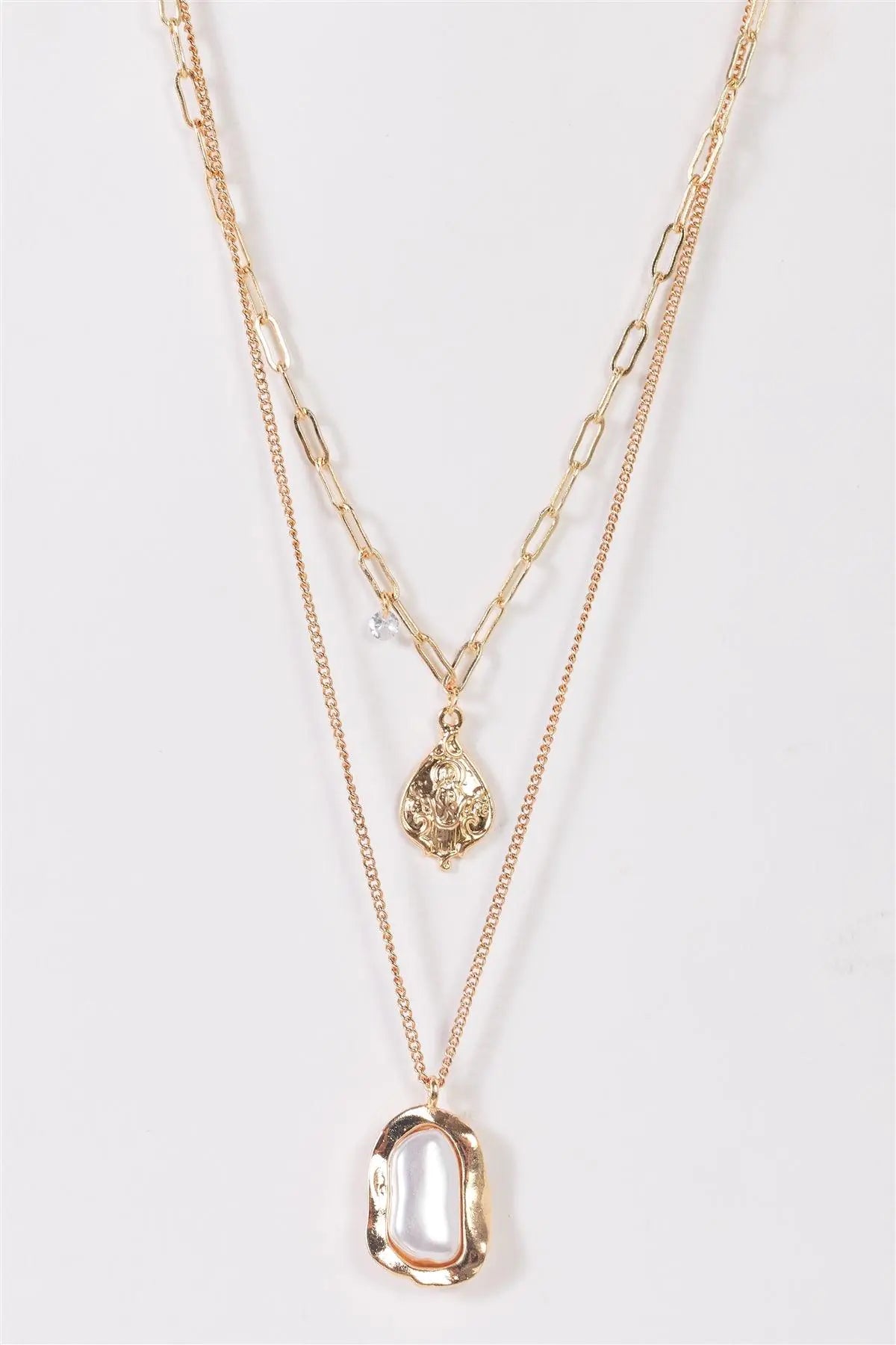 Gold Paper Clip Link Chains Shell Pearl Icon Pendants Diamond Necklace