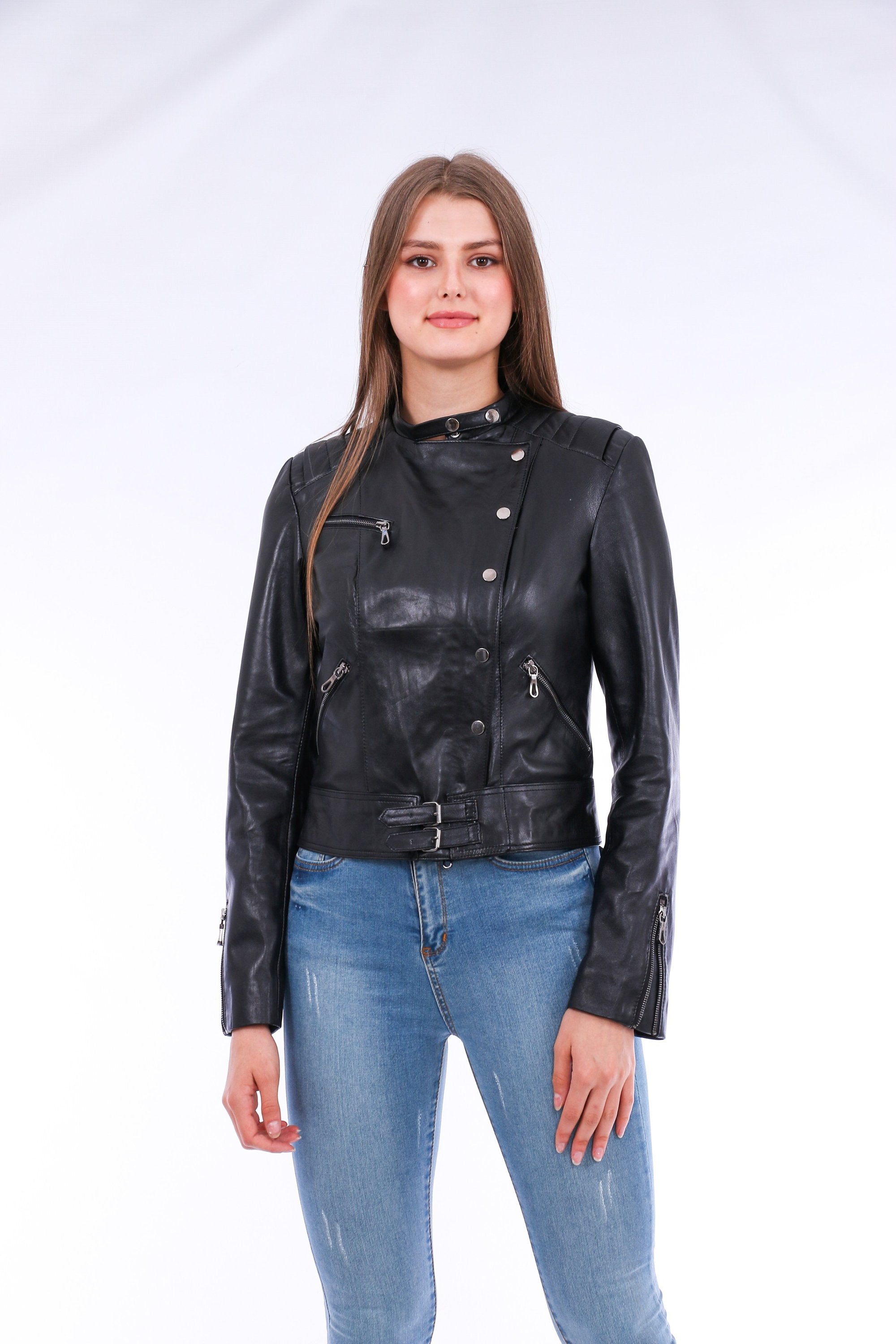 Rovigo Leather Biker Jacket - Black - My Store