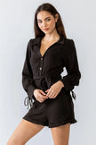 Black Textured Button-Up Collared Neck Long Sleeve Belted Romper /1-2-2-1 - My Store