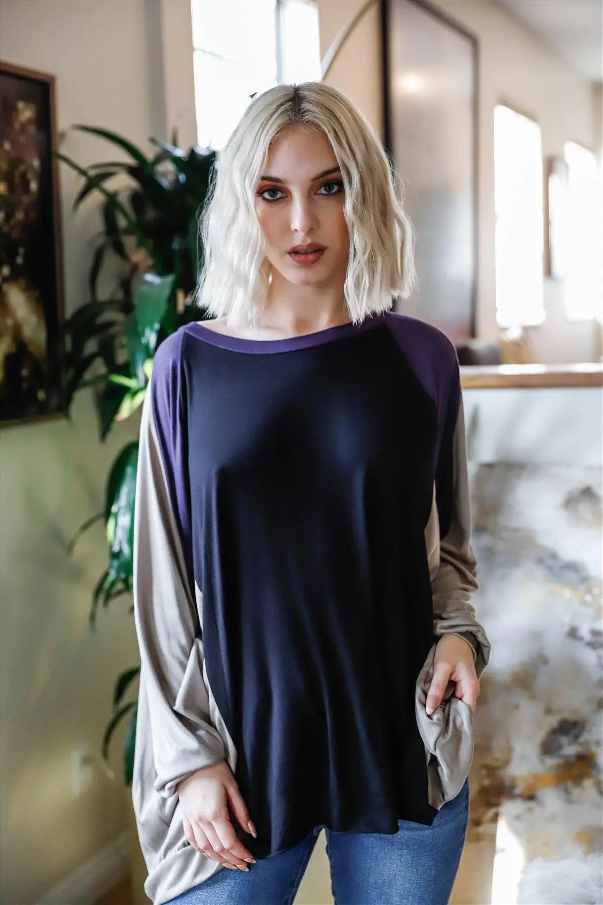 Black & Purple Colorblock Dolman Sleeve Oversized Top