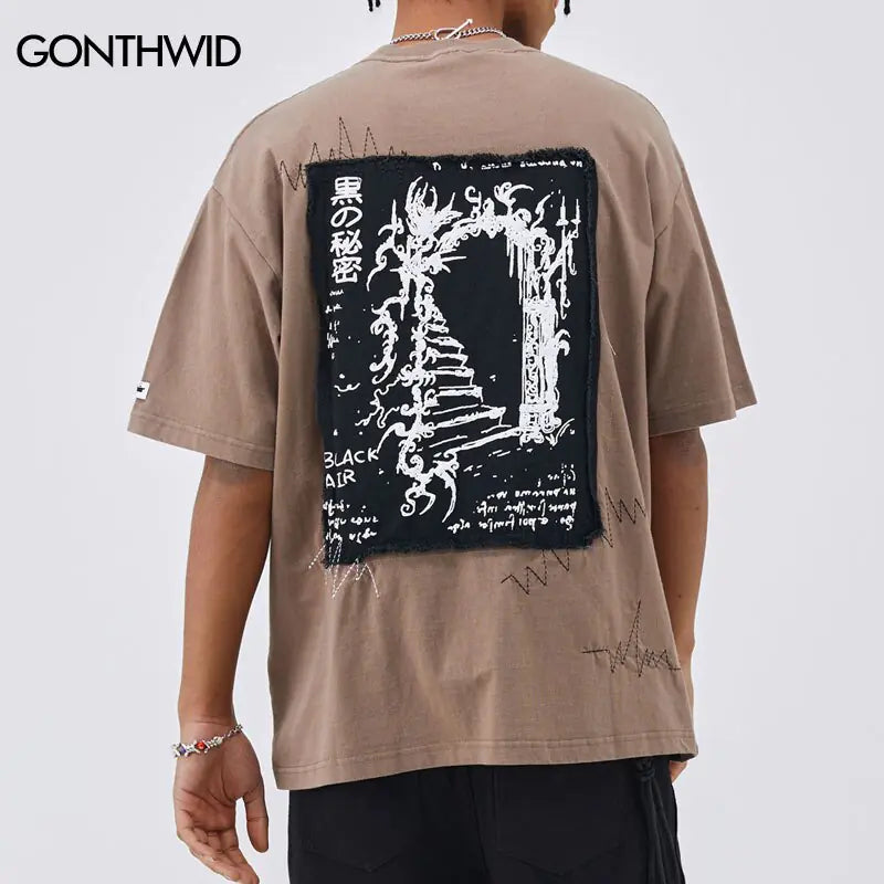 Vintage Punk T-shirt Streetwear Y2K Hip Hop Embroidery Patch Oversize Washed T-Shirt - My Store