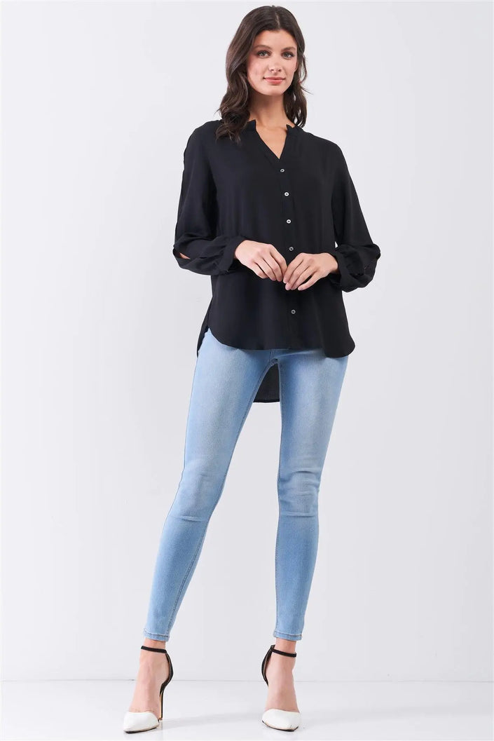 Black Asymmetrical Long Sleeve Button-Up Front Relaxed Shirt - My Store