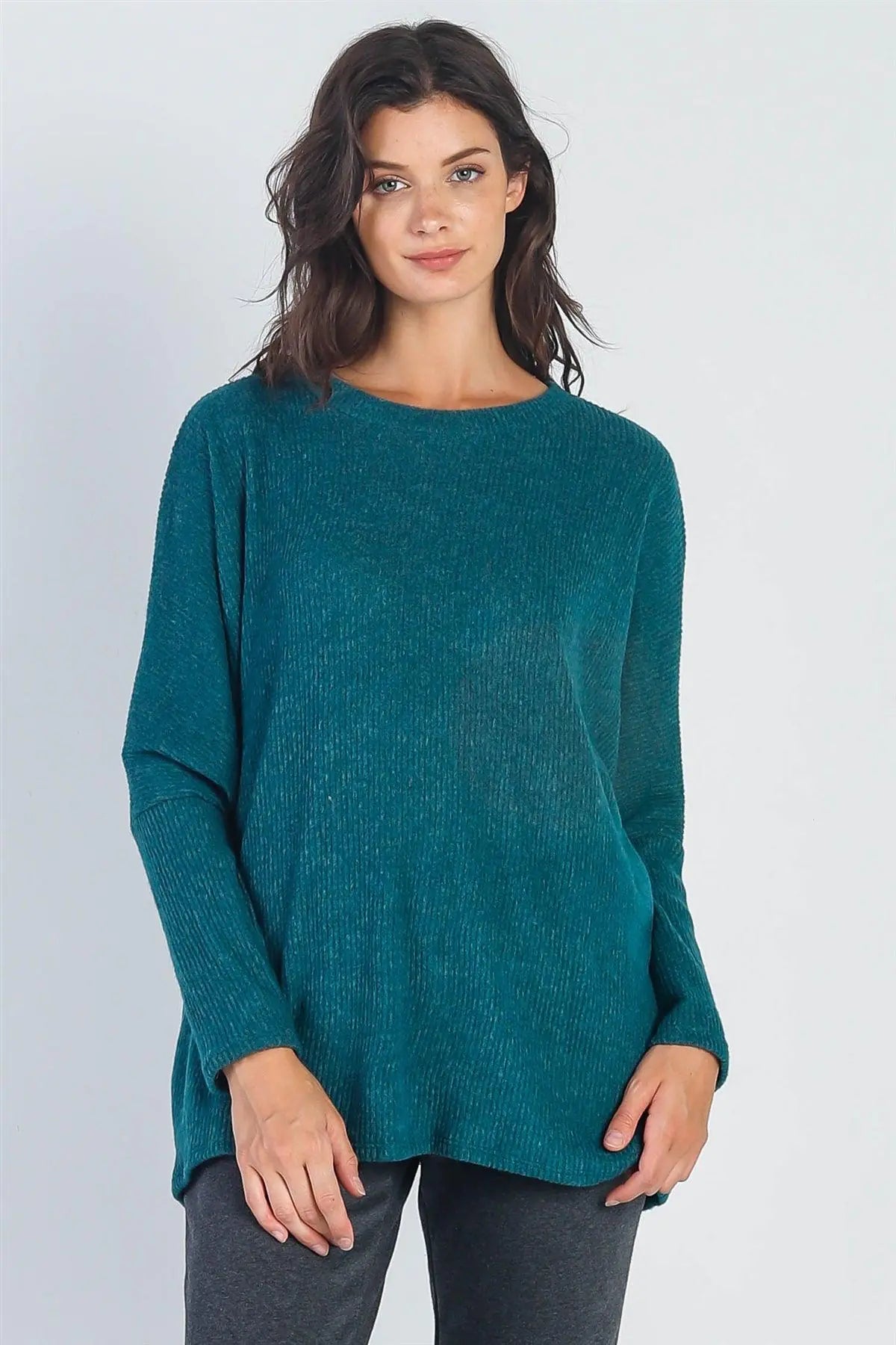 Hunter Green Flannel Ribbed Dolman Sleeve Top - My Store