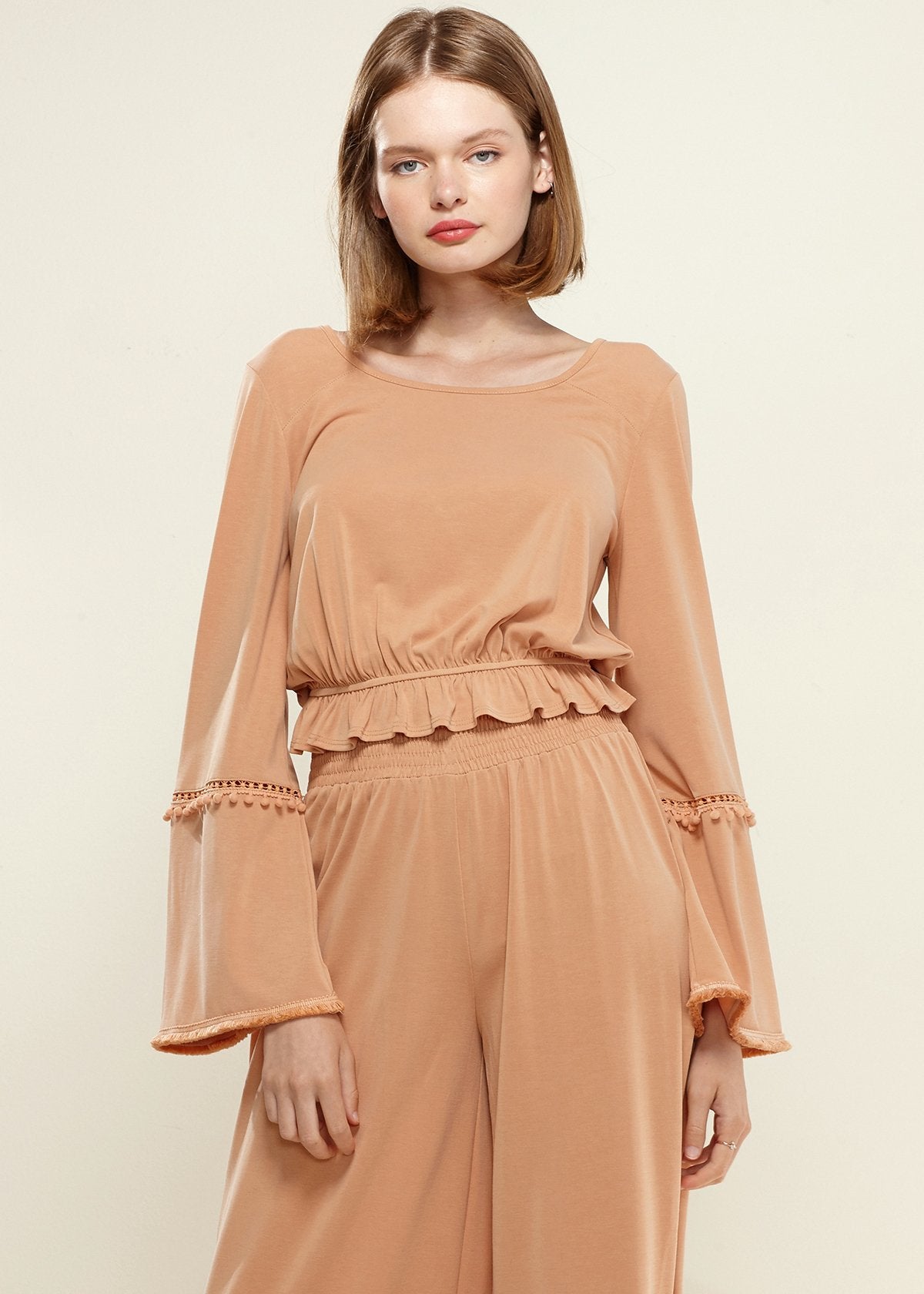 Women's Fringe Cuff Bell Sleeve Top in Apricot - My Store