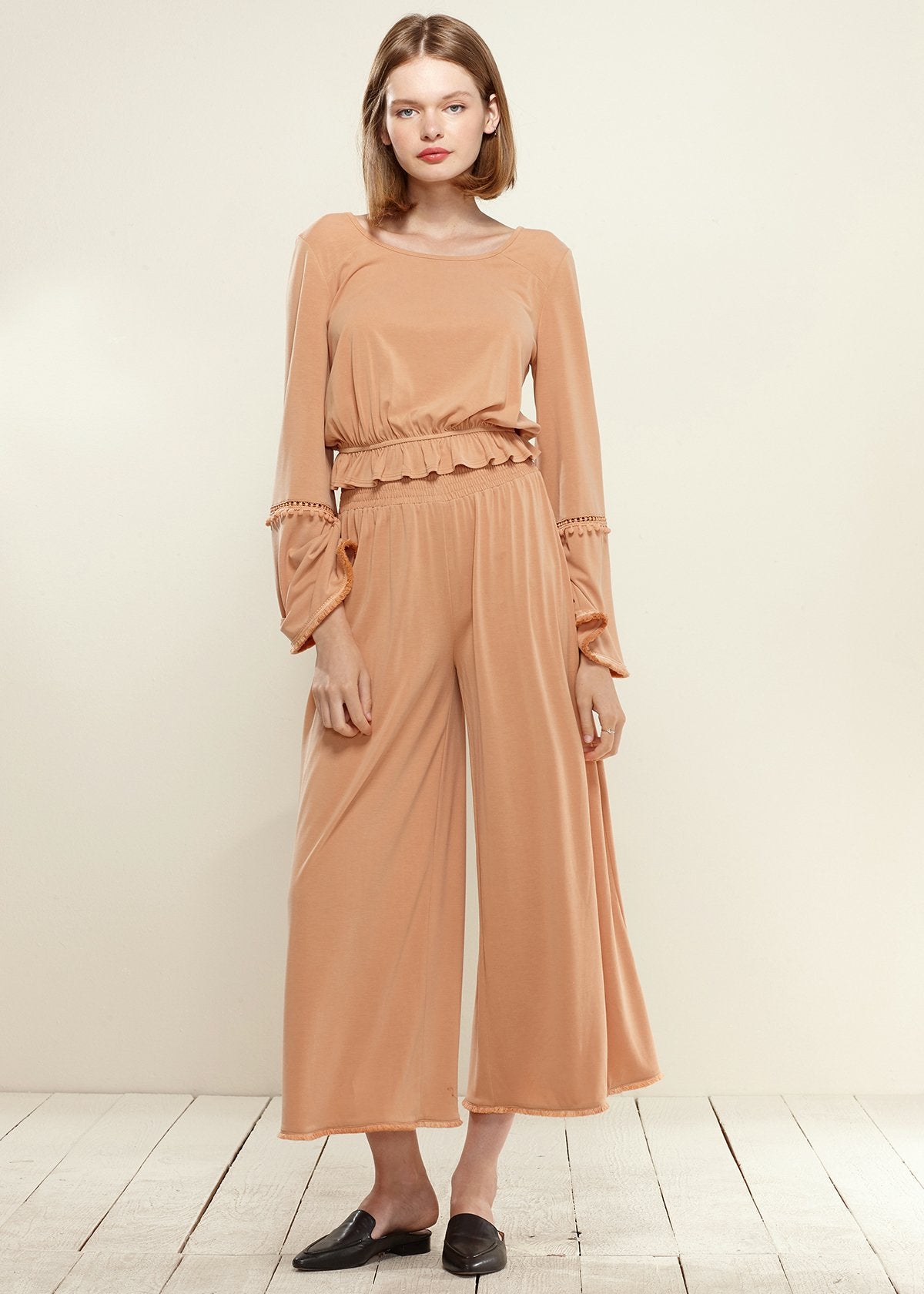 Smocked Waist Wide Leg Palazzo Pants in Apricot - My Store