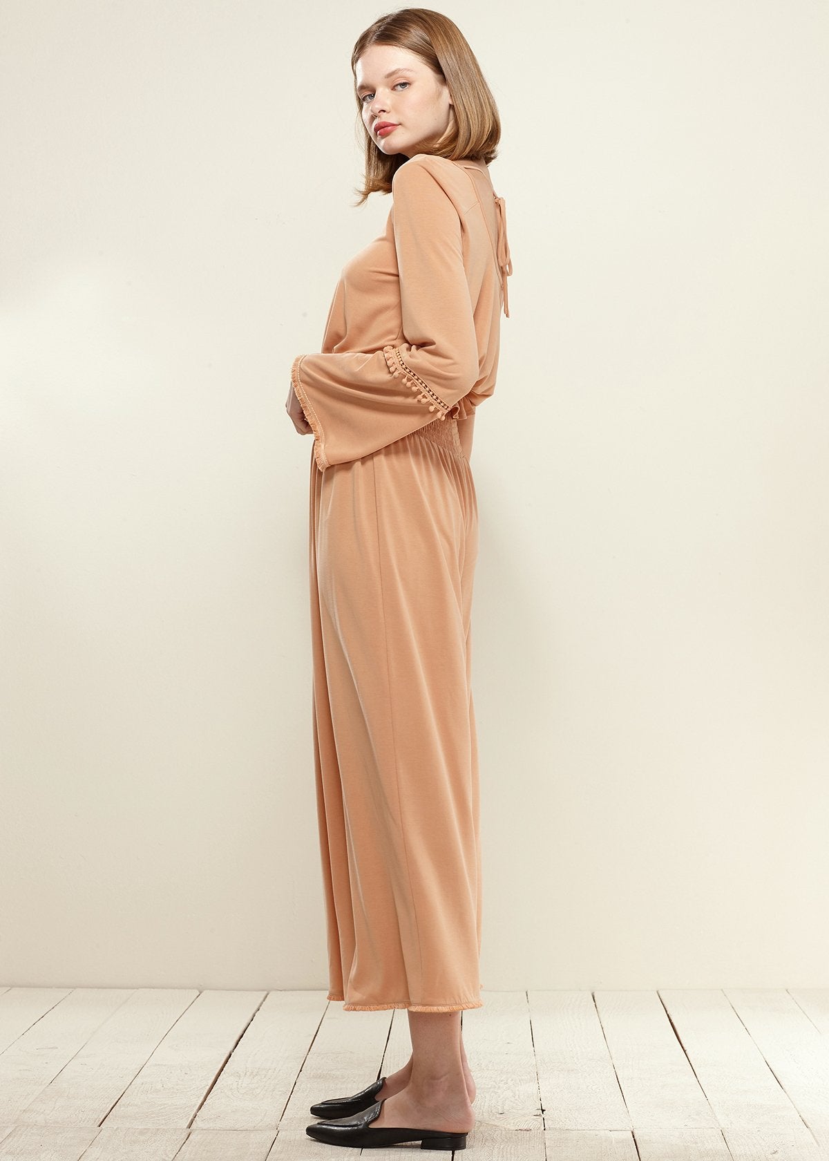 Smocked Waist Wide Leg Palazzo Pants in Apricot - My Store