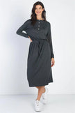 Charcoal Button Up Neck Detail Fitted Waist Midi Dress /1-1-1 - My Store