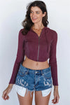 Eggplant Flannel Zip-Up Hooded Crop Top /3-2-1 - My Store