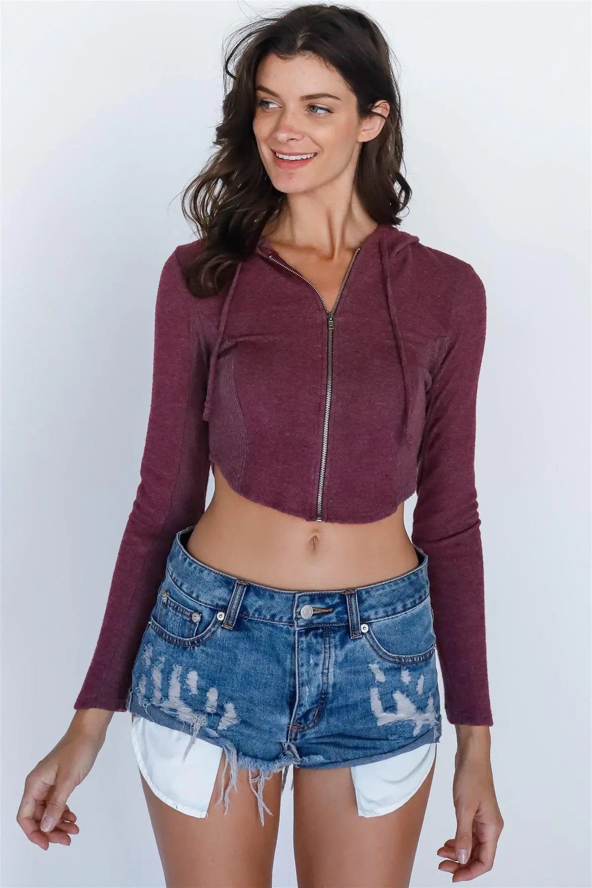 Eggplant Flannel Zip-Up Hooded Crop Top /3-2-1 - My Store