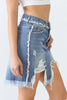 Denim Cotton Trim Torn Hem High Waist Mini Skirt - My Store