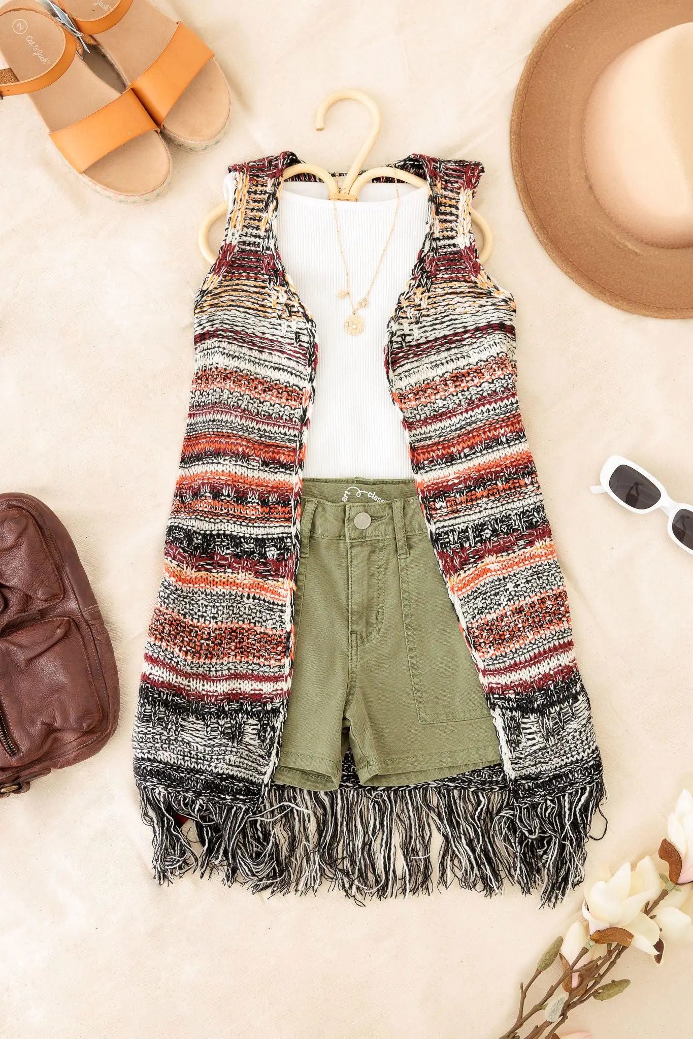 Girls Boho Striped Crochet Fringe Long Sweater Vest - My Store