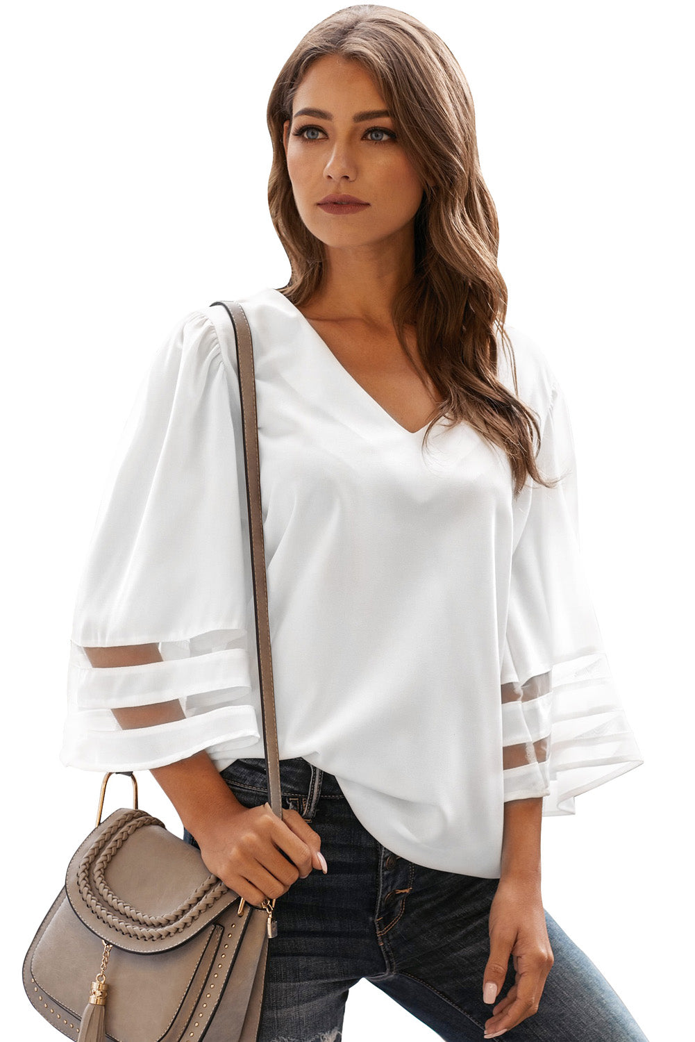 White Flare Sleeve V Neck Loose Women's Chiffon Blouse - My Store