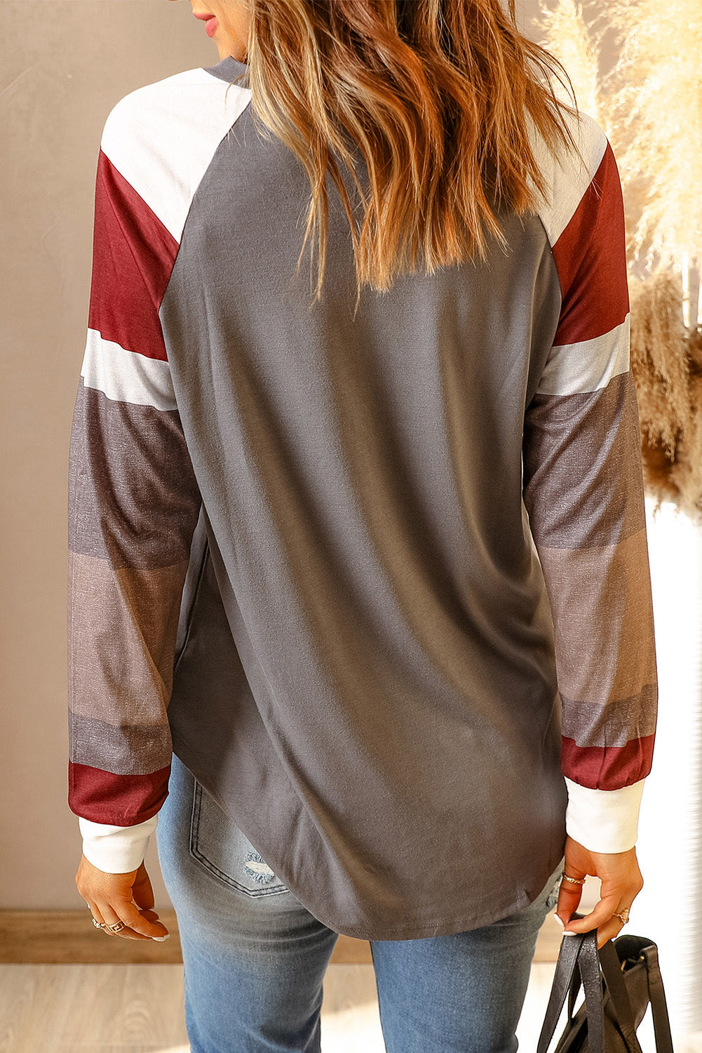 Womens Color Block Long Sleeves Gray Pullover Top - My Store