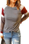 Womens Color Block Long Sleeves Gray Pullover Top - My Store