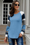 Womens Color Block Long Sleeves Blue Pullover Top - My Store