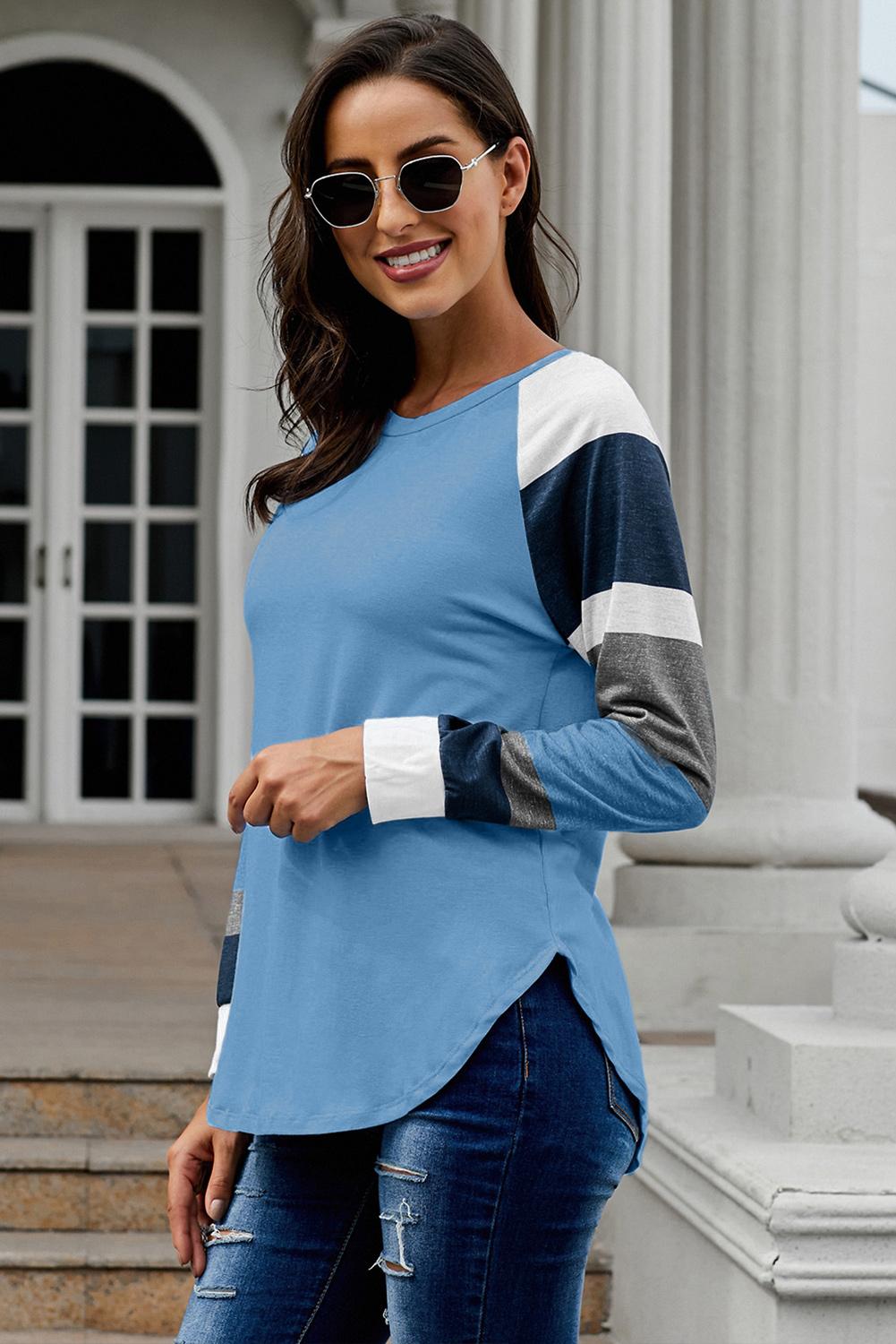 Womens Color Block Long Sleeves Blue Pullover Top - My Store