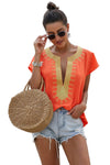 Orange Short Sleeve Boho Printed Neck Shift Blouse - My Store