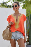 Orange Short Sleeve Boho Printed Neck Shift Blouse - My Store