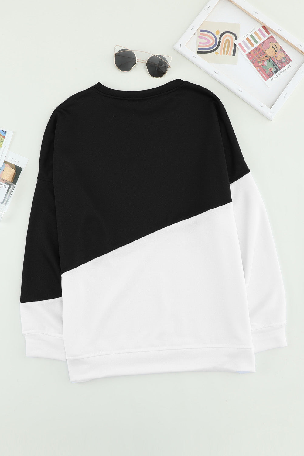 Black White Patchwork Dropped Shoulder Sleeve Sweatshirt - My Store