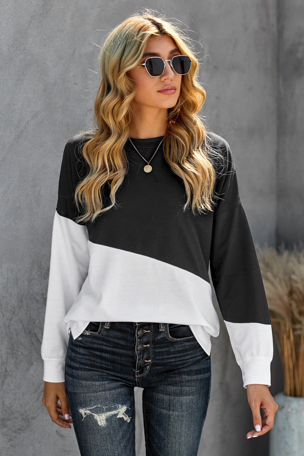 Black White Patchwork Dropped Shoulder Sleeve Sweatshirt - My Store