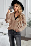 Khaki Ruffled Buttoned Open Front V Neck Knitted Sweater - My Store