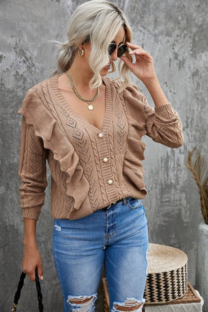 Khaki Ruffled Buttoned Open Front V Neck Knitted Sweater - My Store