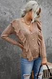 Khaki Ruffled Buttoned Open Front V Neck Knitted Sweater - My Store