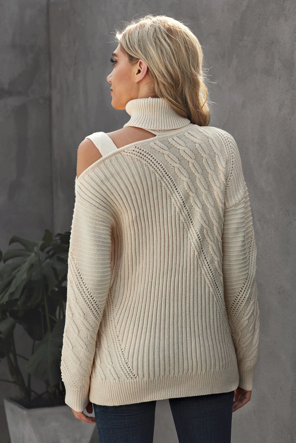 Women's Apricot Strapped Cut out Shoulder Turtleneck Sweater - My Store