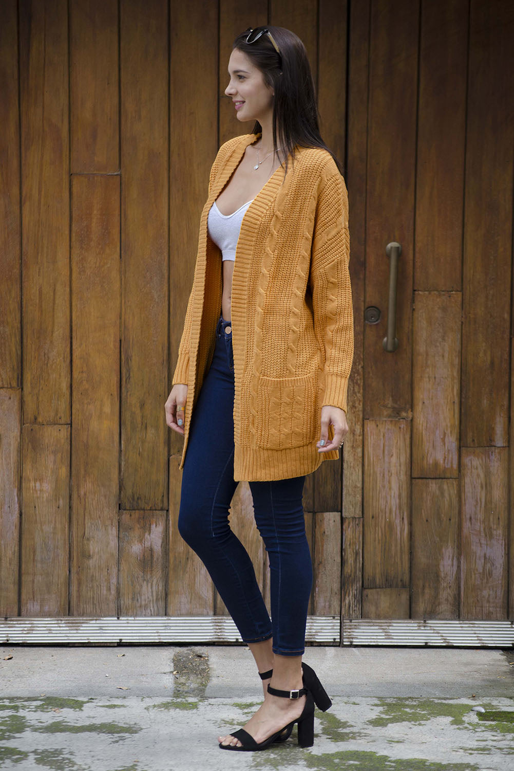 Mustard Knit Texture Long Sleeve Cardigan with pockets - My Store