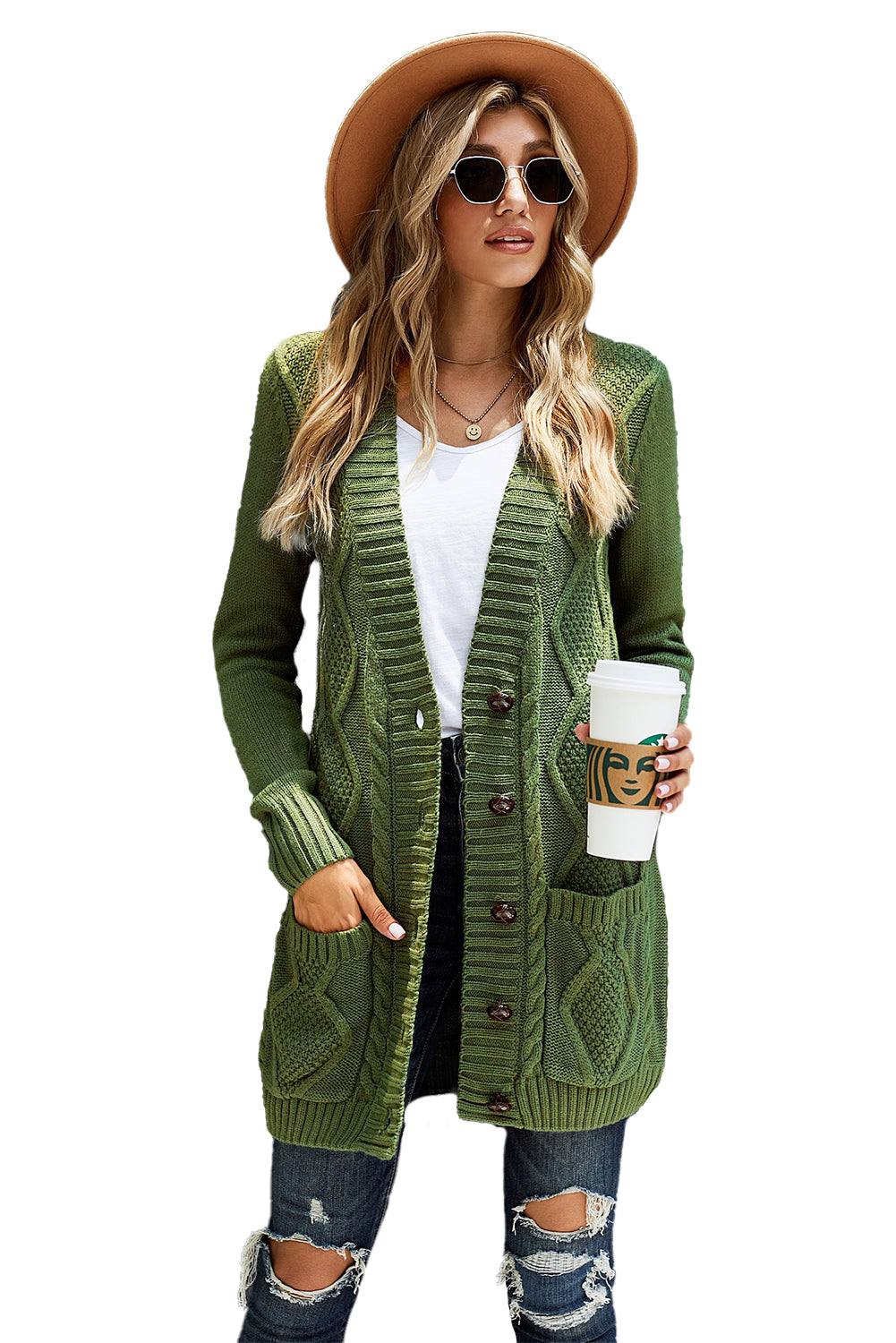 Green Front Pocket and Buttons Closure Cardigan - My Store