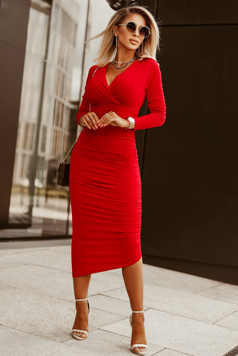 Red Wrap Sheath Midi Dress - My Store