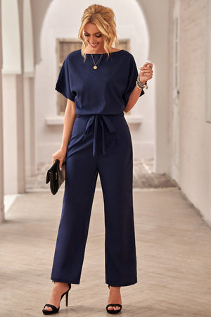 Chic Blue Oh So Glam Belted Wide Leg Jumpsuit - My Store